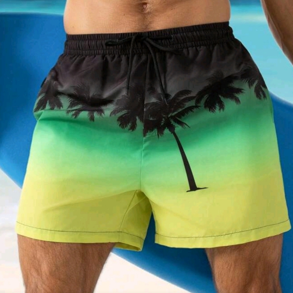 Manfinity Gradient Palm Tree Beach Shorts Swim Trunks, L, Black/Green/Yellow